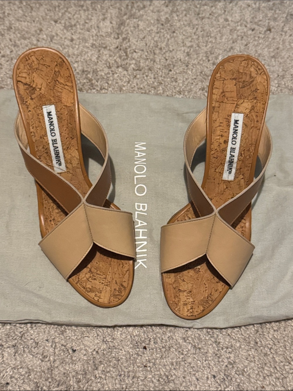 Manolo Blahnik Beige Leather Cork Slide Mules